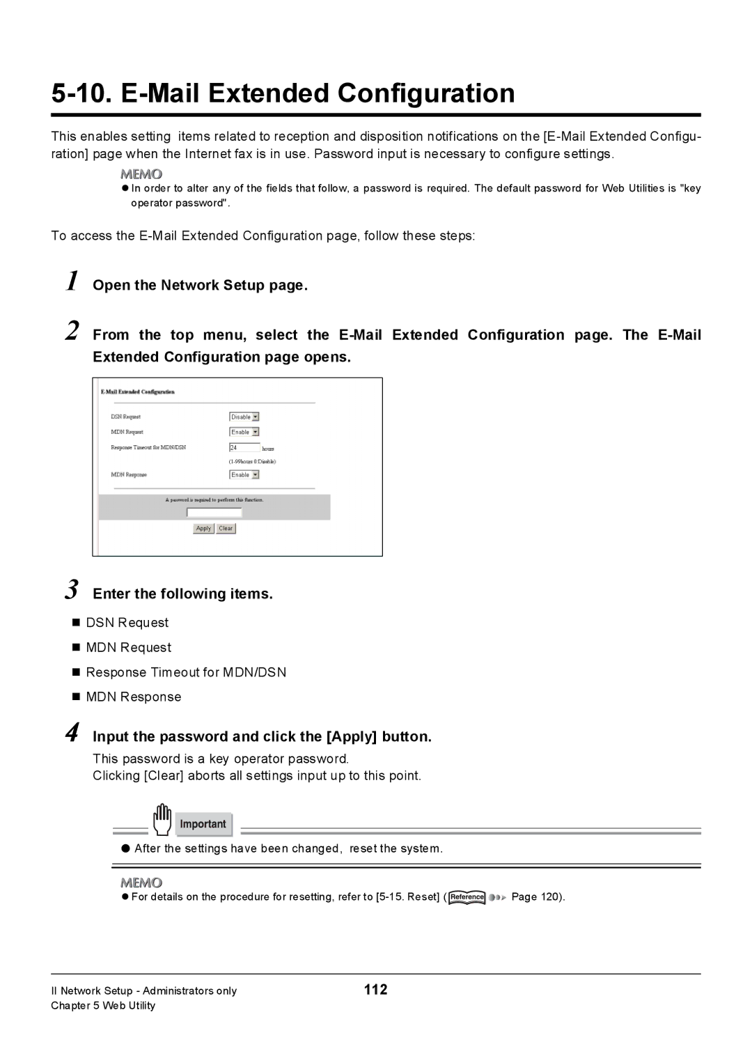 Konica Minolta 7235, Konica 7222, 7228 manual Mail Extended Configuration, Input the password and click the Apply button, 112 