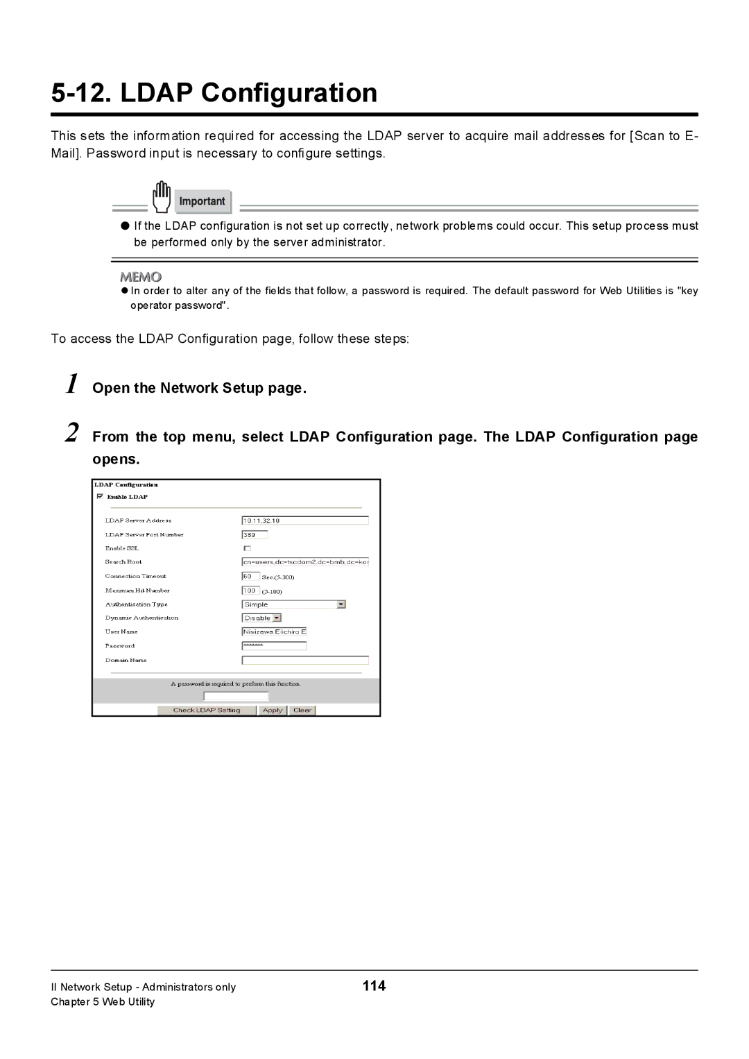 Konica Minolta Konica 7222, 7235, 7228 manual 114, To access the Ldap Configuration page, follow these steps 