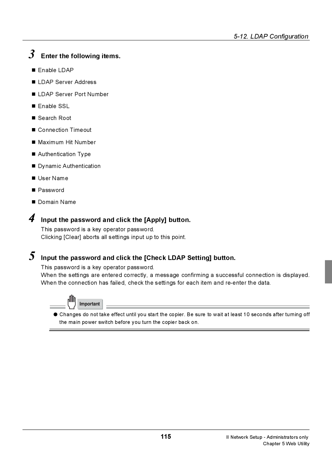 Konica Minolta 7235, Konica 7222, 7228 manual Input the password and click the Check Ldap Setting button, 115 