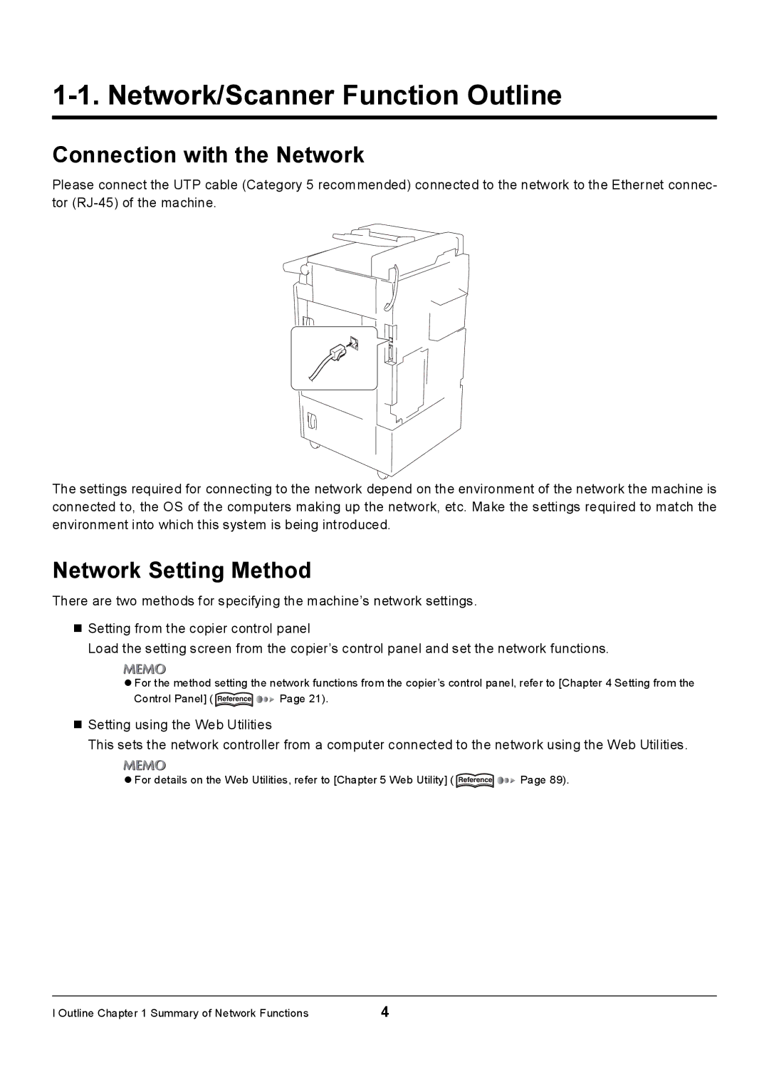 Konica Minolta 7235, Konica 7222 Network/Scanner Function Outline, Connection with the Network, Network Setting Method 