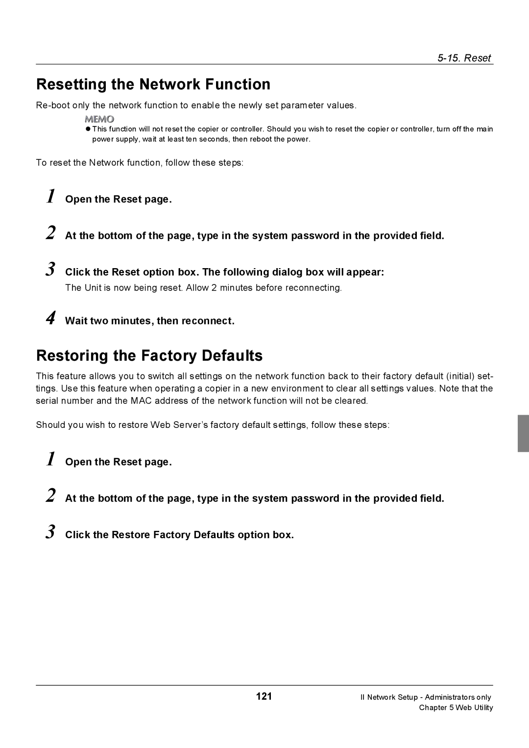 Konica Minolta 7235, 7228 Resetting the Network Function, Restoring the Factory Defaults, Wait two minutes, then reconnect 