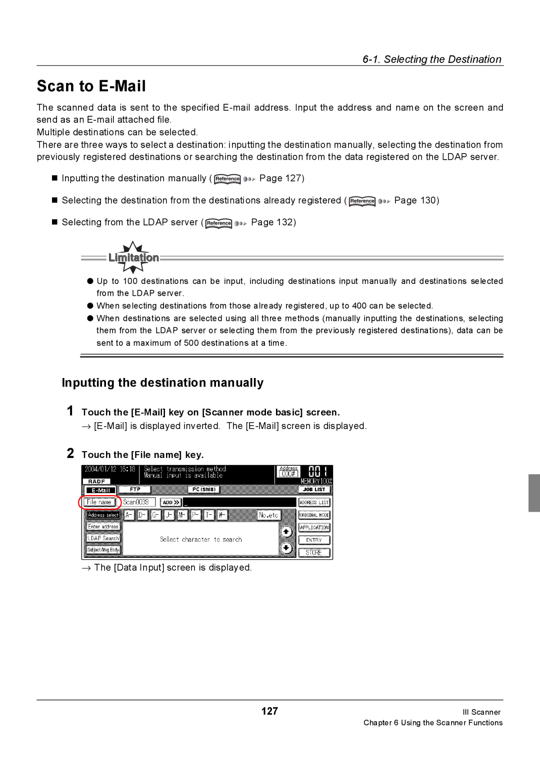 Konica Minolta 7235, 7228 Inputting the destination manually, 127, Touch the E-Mail key on Scanner mode basic screen 