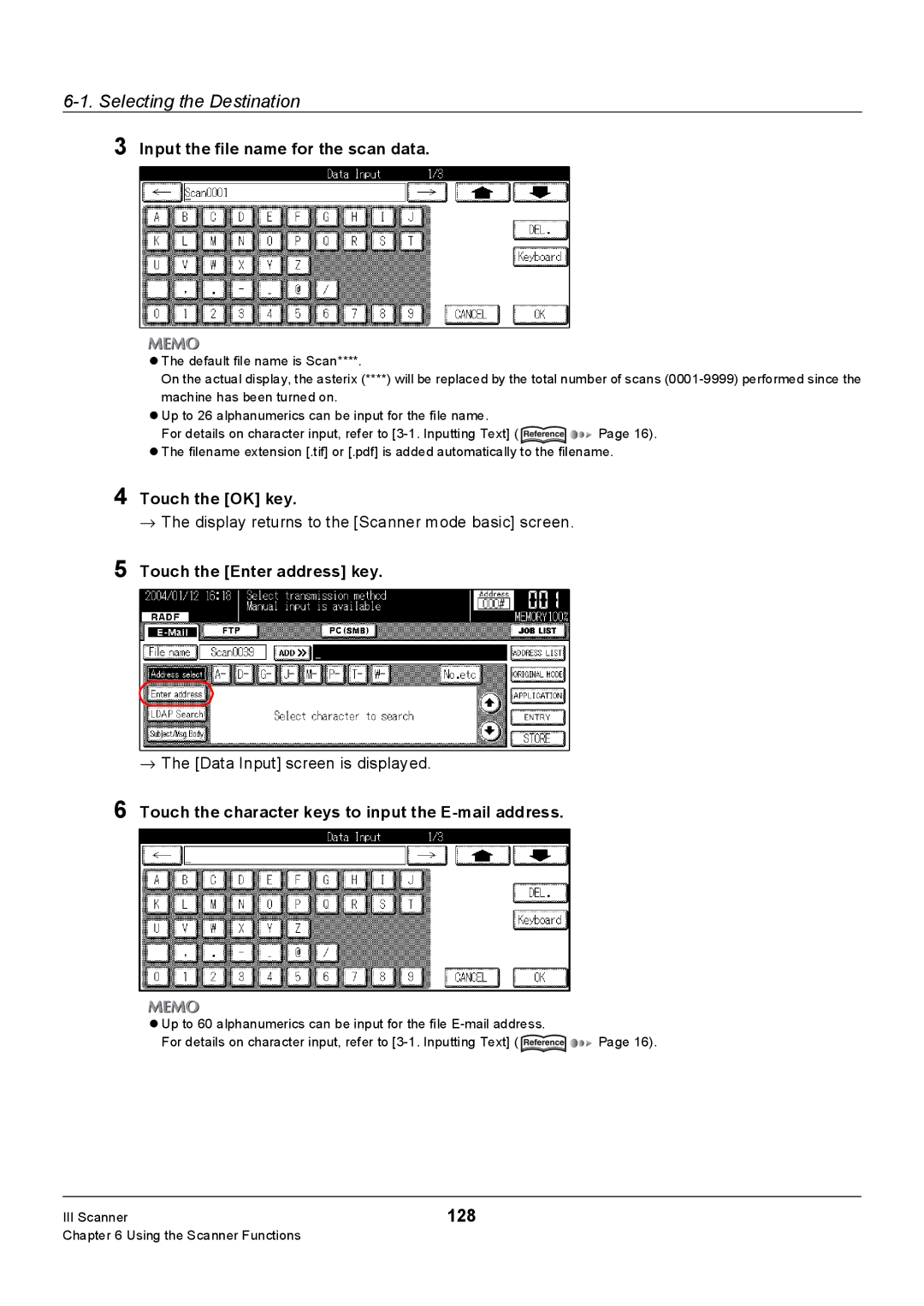 Konica Minolta 7228 128, Input the file name for the scan data, → The display returns to the Scanner mode basic screen 