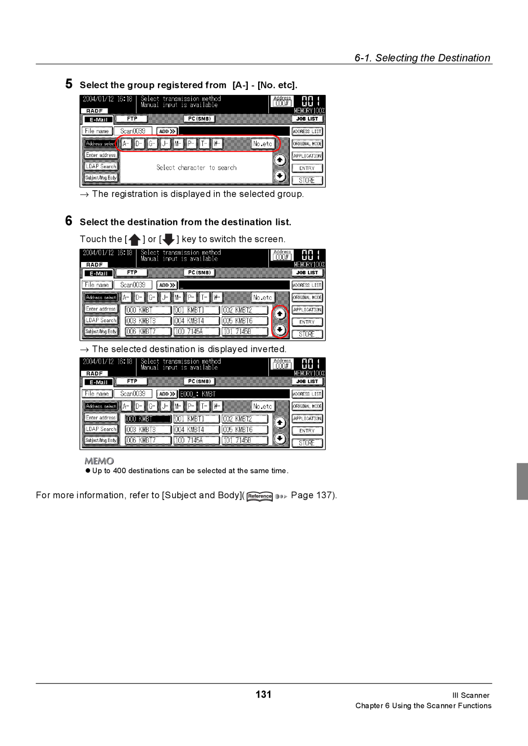 Konica Minolta 7228 131, Select the group registered from A- No. etc, Select the destination from the destination list 