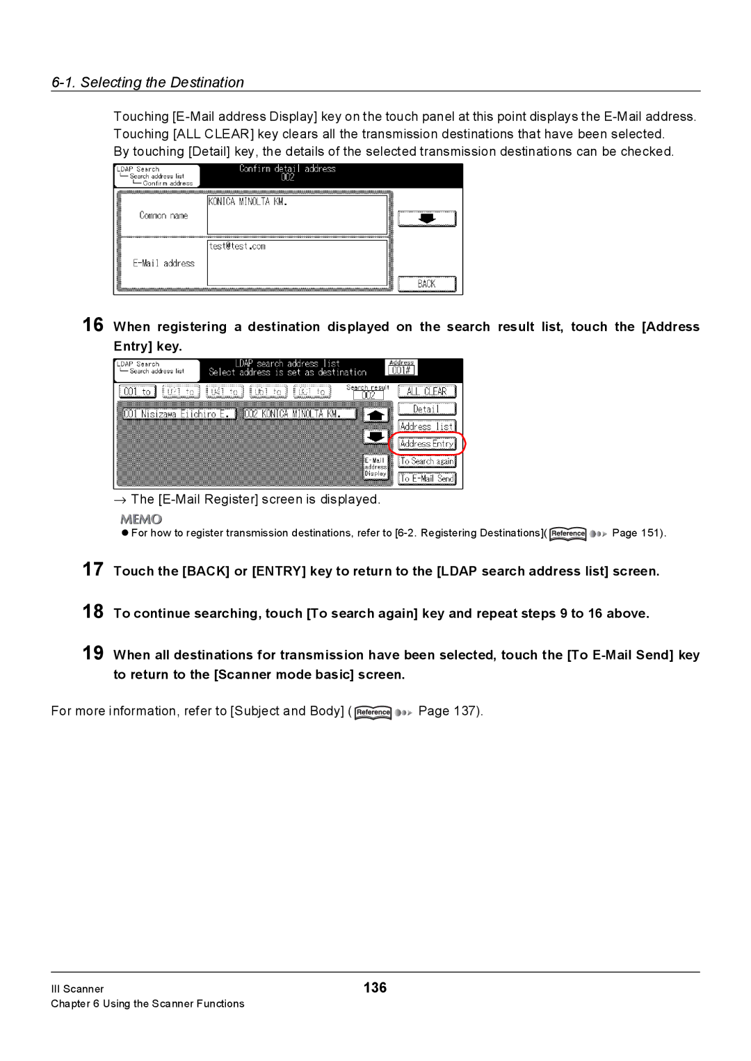 Konica Minolta 7235, Konica 7222, 7228 manual 136, → The E-Mail Register screen is displayed 