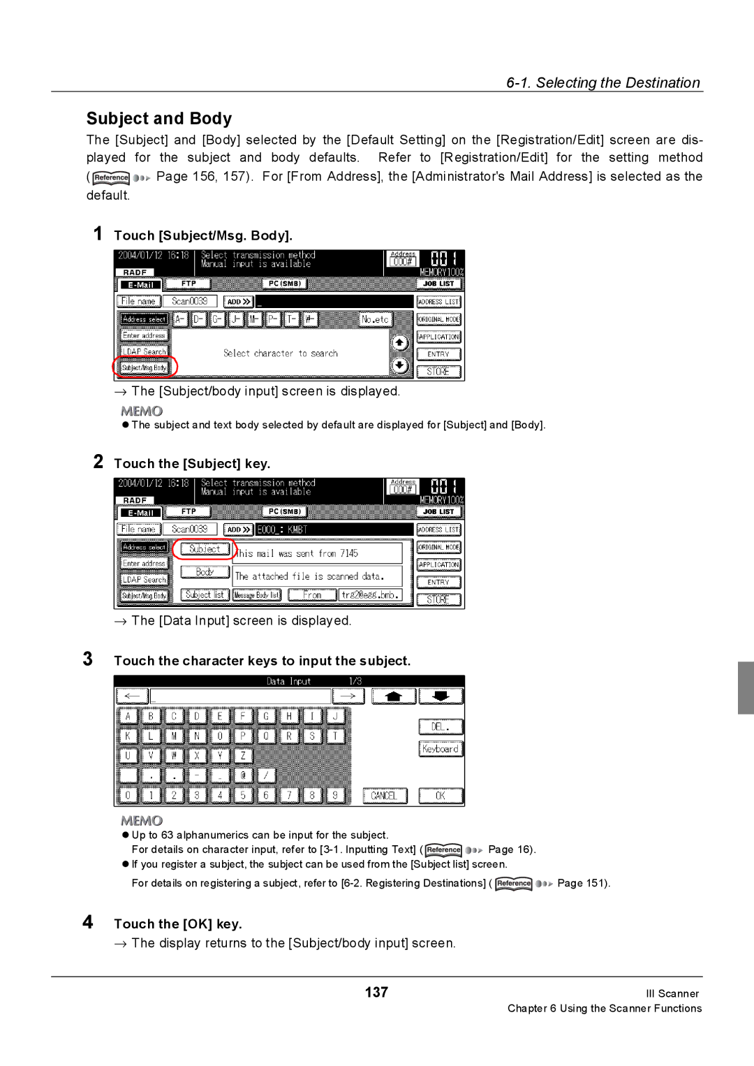 Konica Minolta 7228, Konica 7222, 7235 manual Subject and Body, 137, Touch Subject/Msg. Body, Touch the Subject key 
