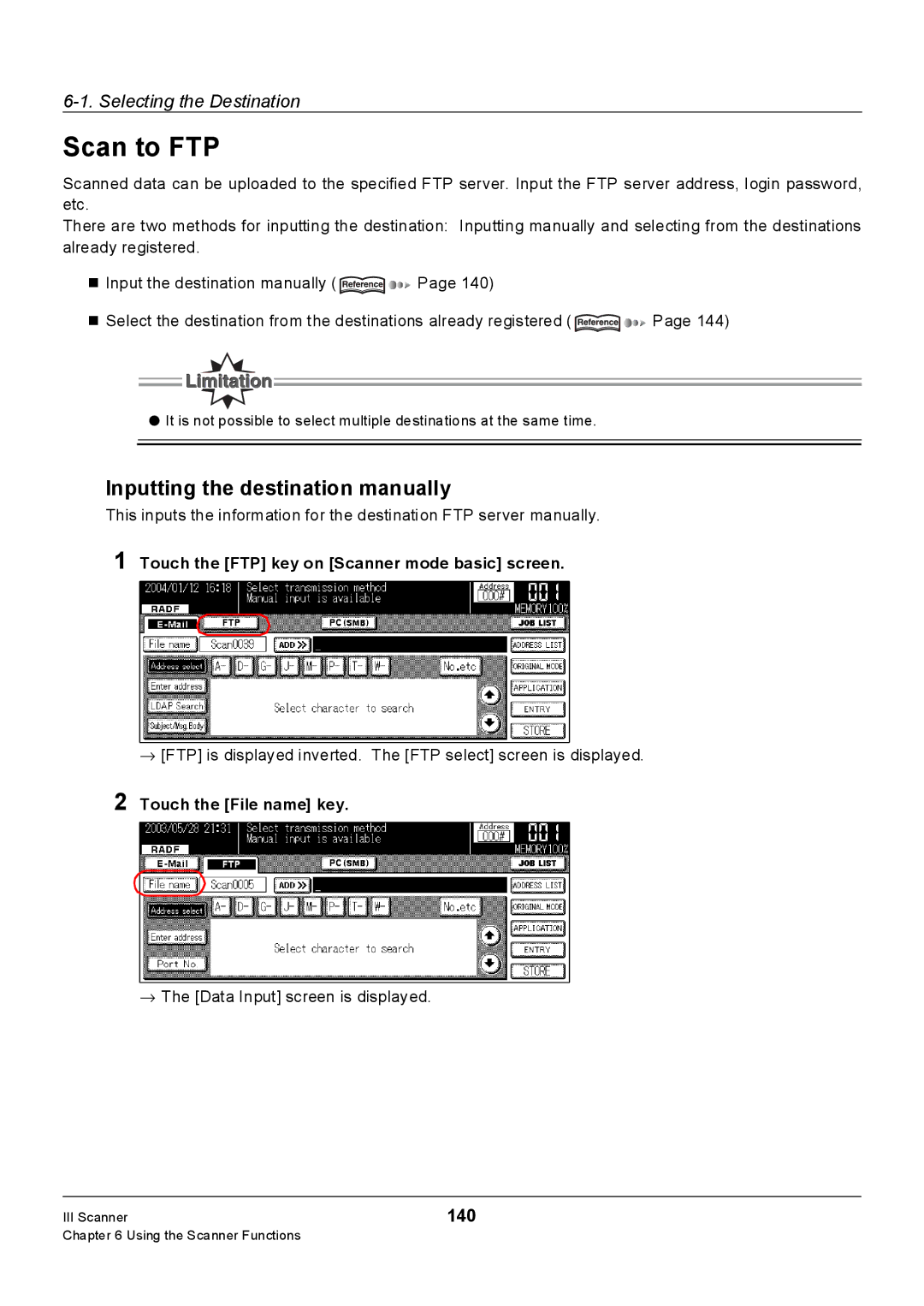 Konica Minolta 7228, Konica 7222, 7235 manual 140, Touch the FTP key on Scanner mode basic screen 