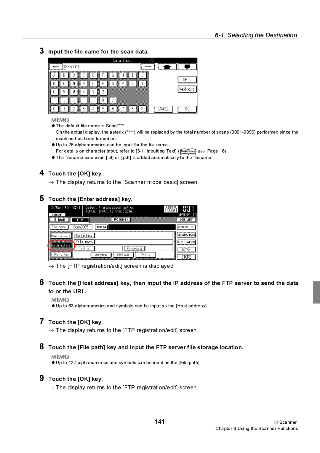 Konica Minolta Konica 7222, 7235, 7228 manual 141, → The FTP registration/edit screen is displayed 