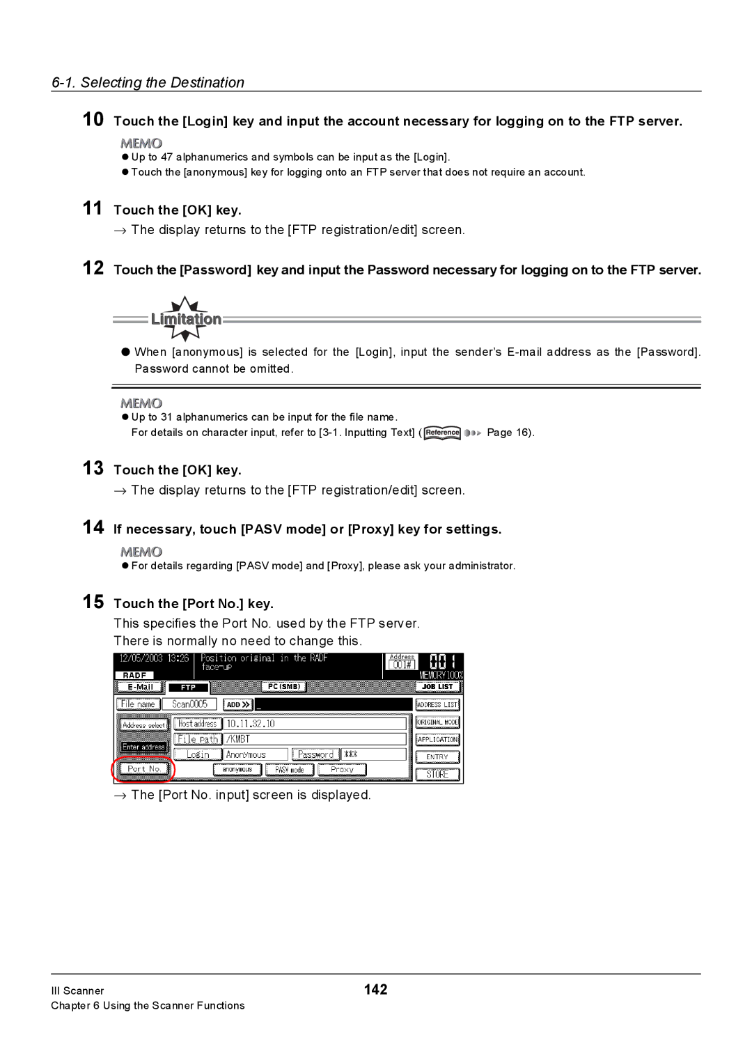 Konica Minolta 7235, Konica 7222, 7228 142, If necessary, touch Pasv mode or Proxy key for settings, Touch the Port No. key 