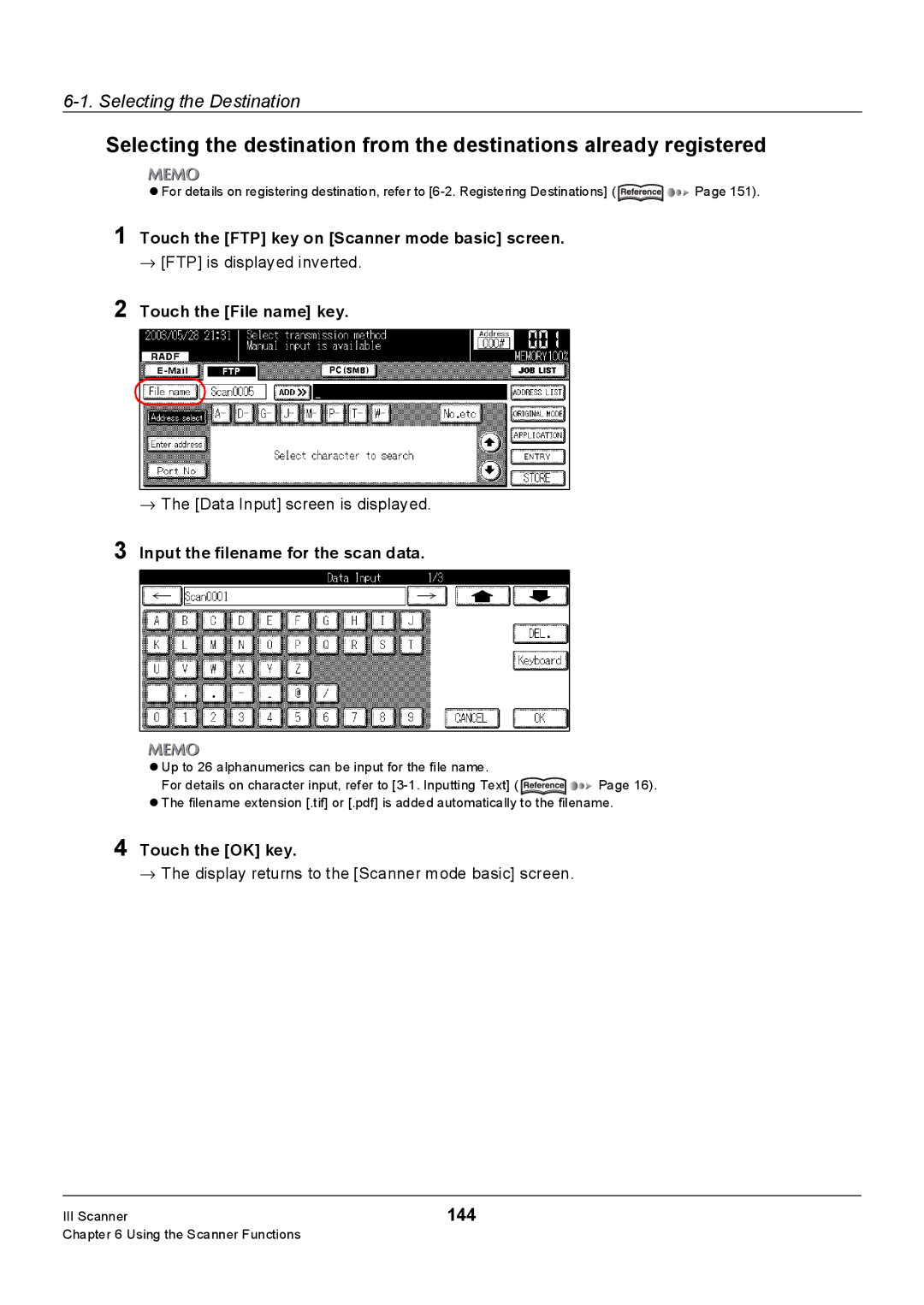 Konica Minolta Konica 7222, 7235, 7228 manual 144, → FTP is displayed inverted, Input the filename for the scan data 