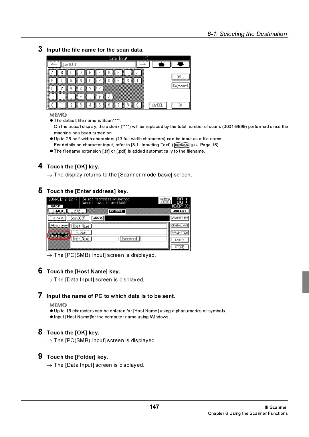 Konica Minolta Konica 7222, 7235 147, → The Pcsmb Input screen is displayed, Touch the Host Name key, Touch the Folder key 