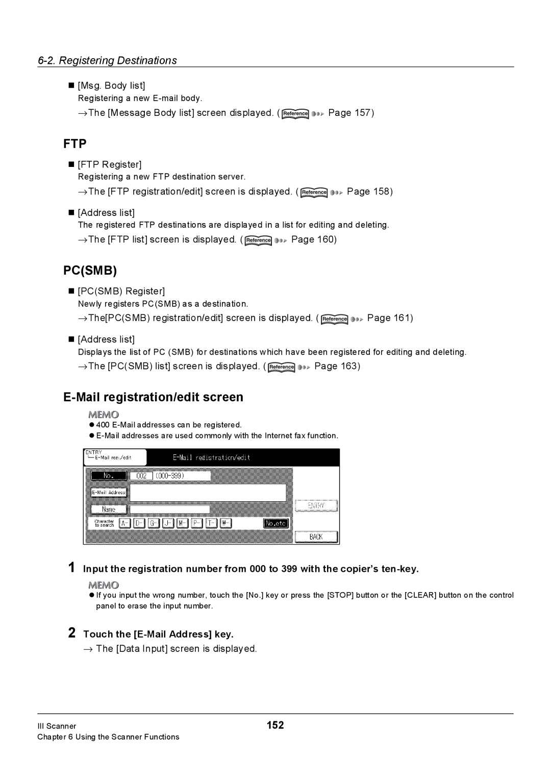 Konica Minolta 7228, Konica 7222, 7235 manual Mail registration/edit screen, 152, Touch the E-Mail Address key 