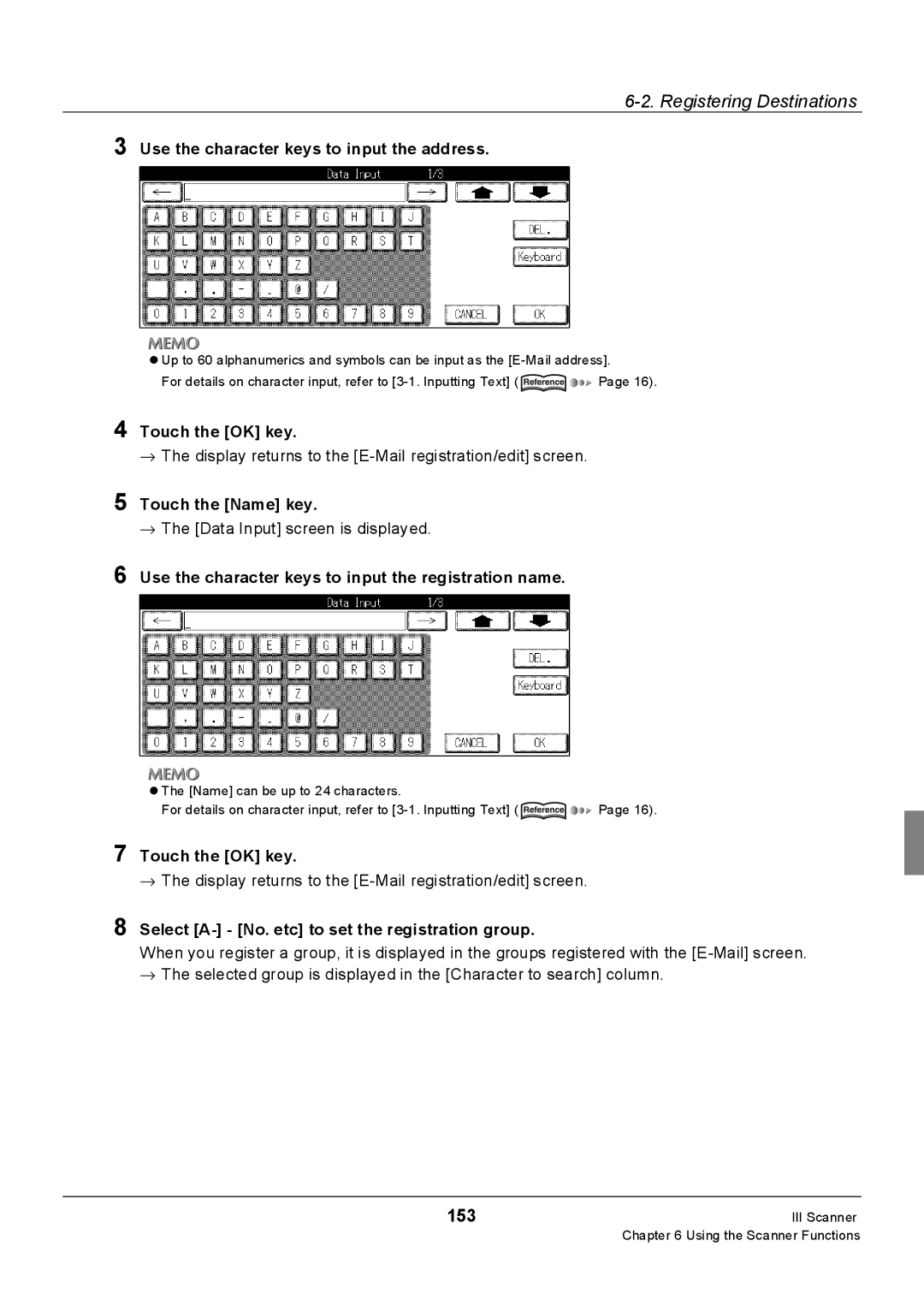 Konica Minolta Konica 7222, 7235, 7228 manual 153, Use the character keys to input the address, Touch the Name key 