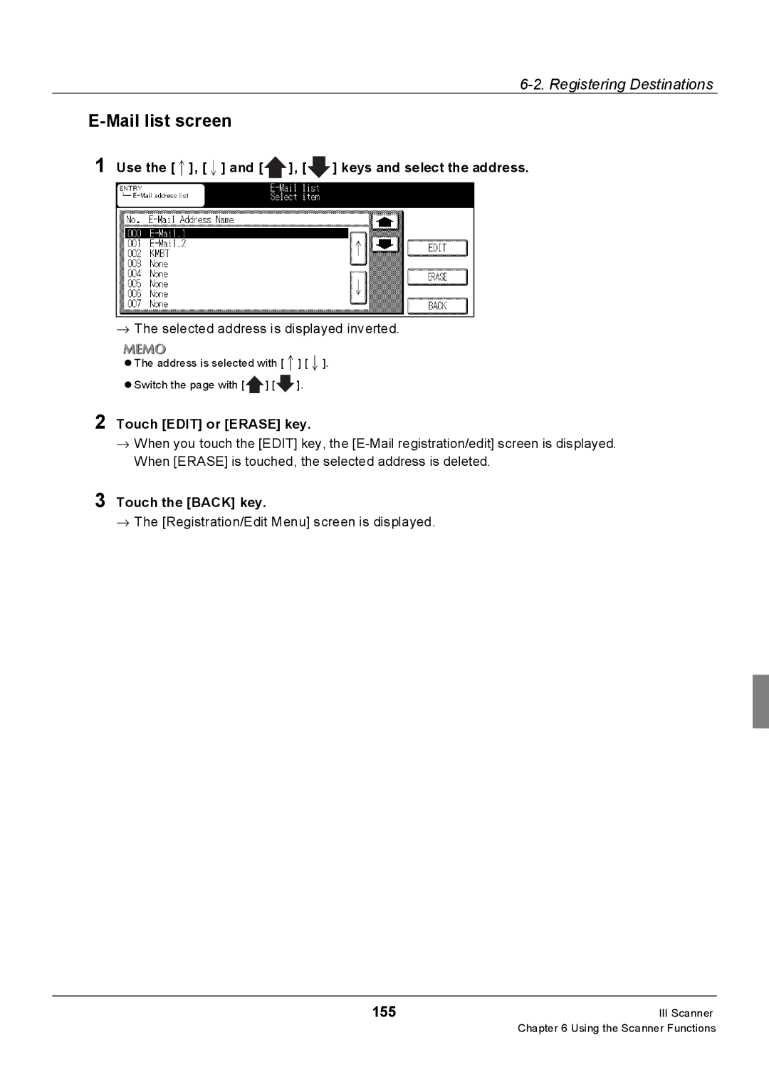 Konica Minolta 7228, 7235 manual Mail list screen, 155, Use the , and , keys and select the address, Touch Edit or Erase key 