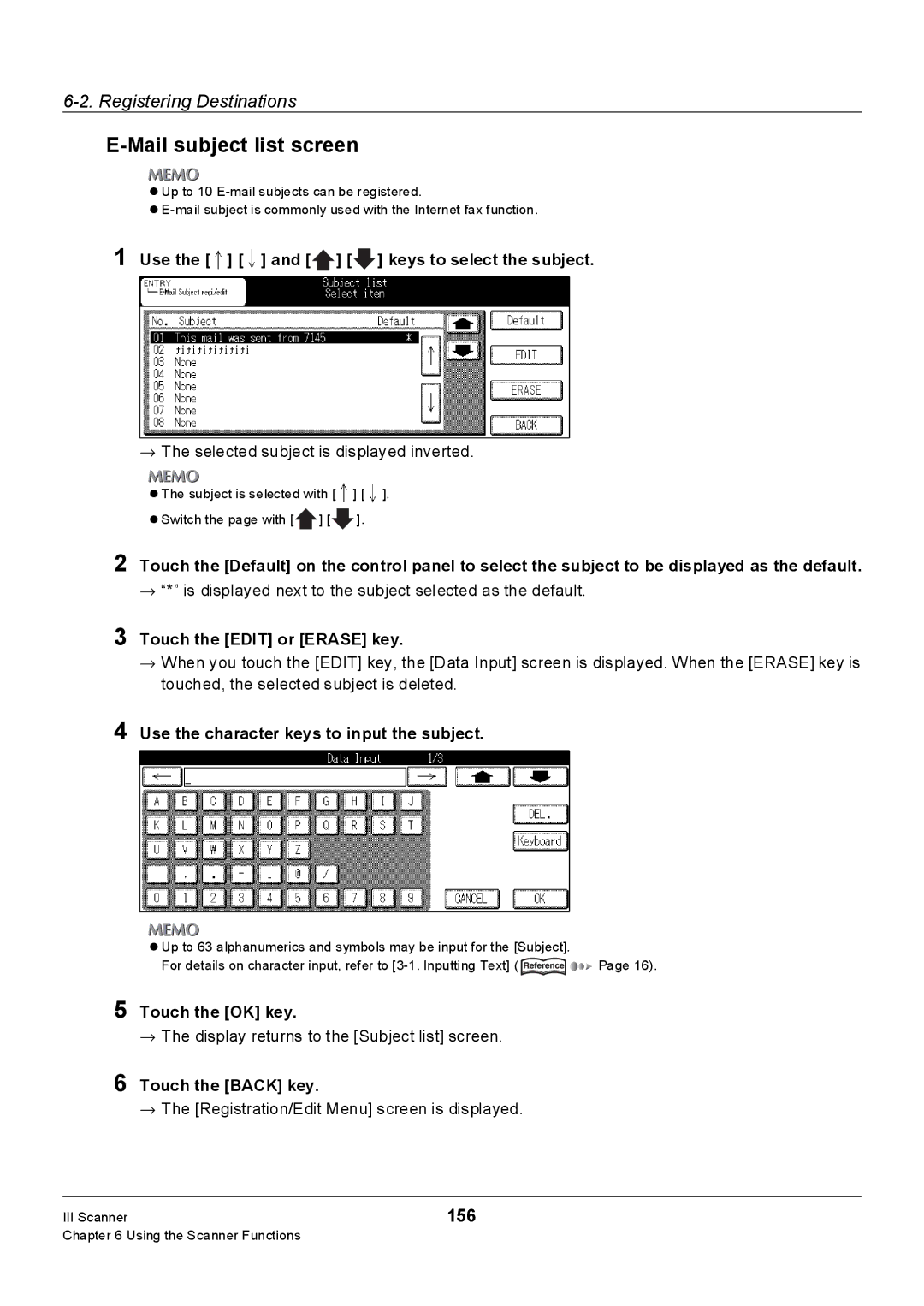 Konica Minolta Konica 7222, 7235, 7228 manual Mail subject list screen, 156, Use the and keys to select the subject 