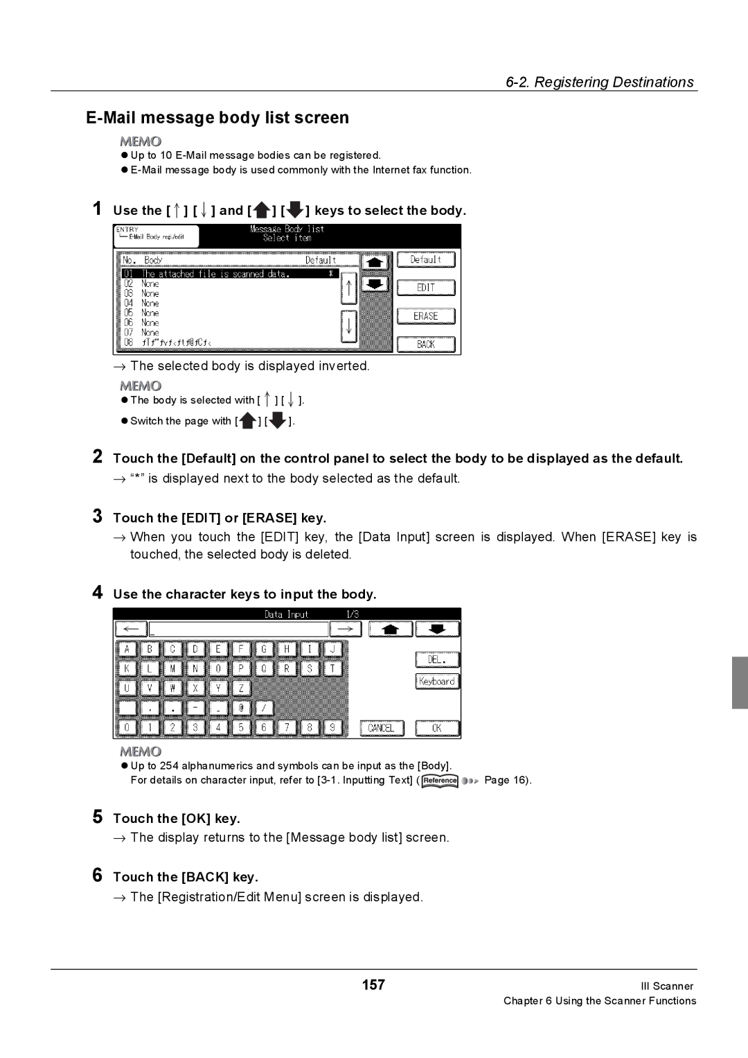 Konica Minolta 7235, Konica 7222, 7228 manual Mail message body list screen, 157, Use the and keys to select the body 