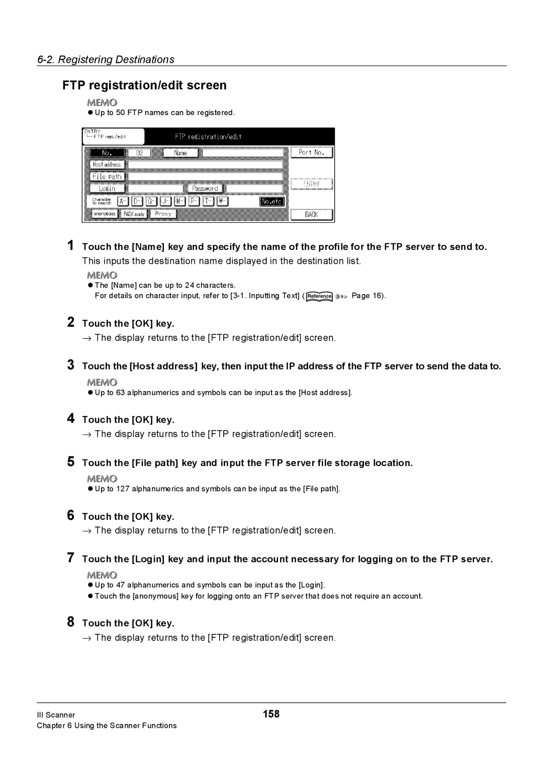 Konica Minolta 7228, Konica 7222, 7235 manual FTP registration/edit screen, 158 