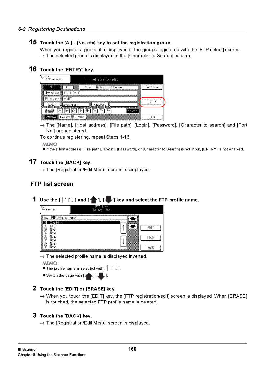 Konica Minolta 7235, Konica 7222, 7228 manual FTP list screen, 160, Touch the A- No. etc key to set the registration group 