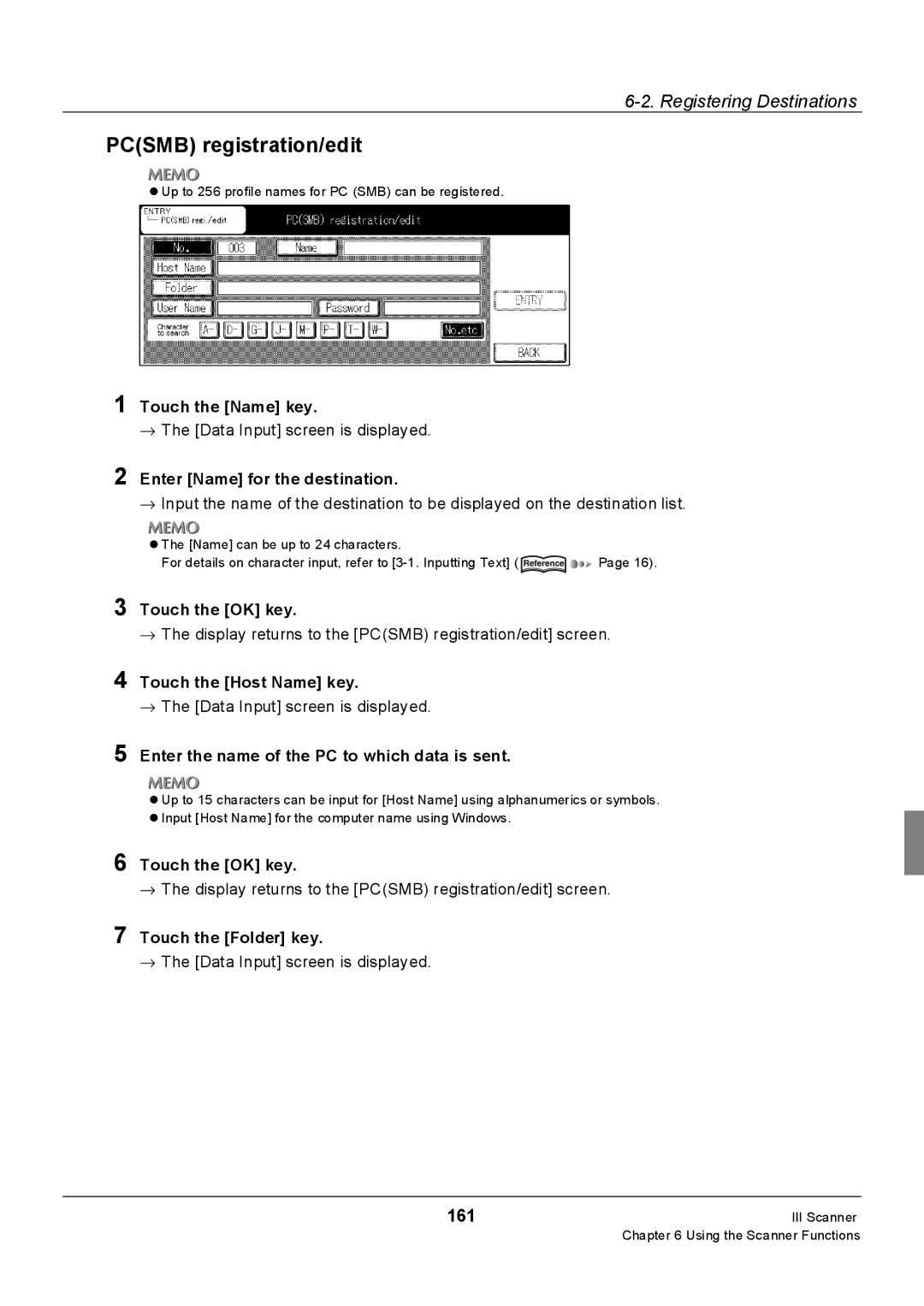 Konica Minolta 7228, Konica 7222, 7235 manual Pcsmb registration/edit, 161, Enter Name for the destination 