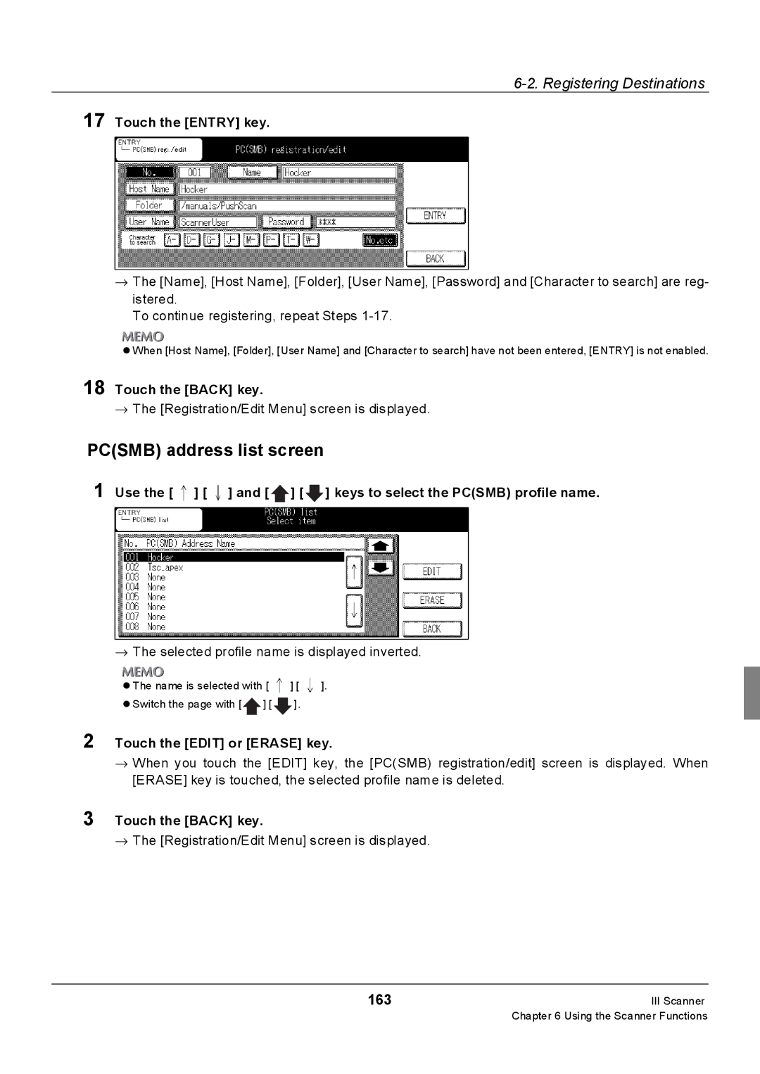 Konica Minolta 7235, Konica 7222, 7228 Pcsmb address list screen, 163, Use the and keys to select the Pcsmb profile name 