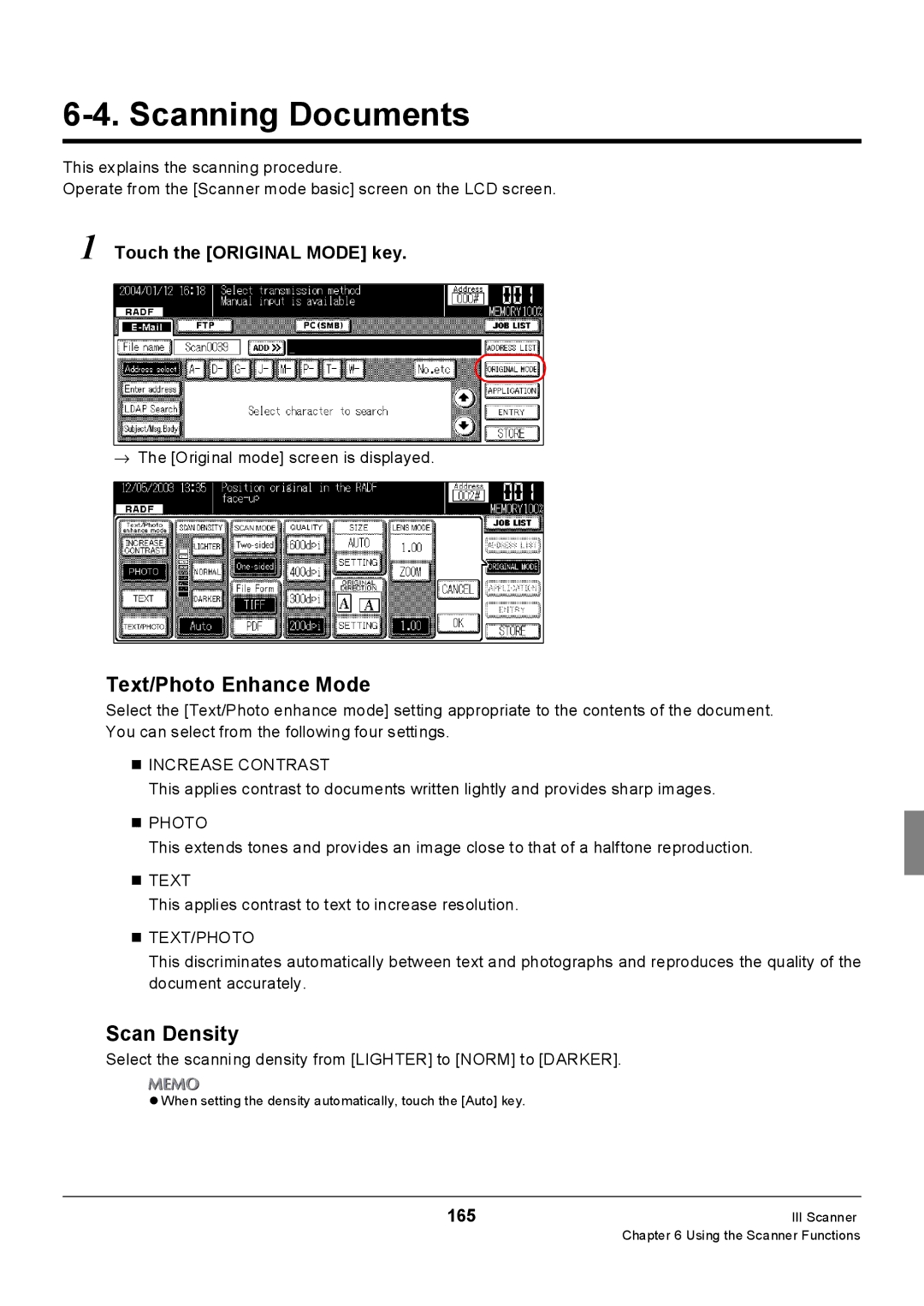 Konica Minolta Konica 7222 Scanning Documents, Text/Photo Enhance Mode, Scan Density, Touch the Original Mode key, 165 