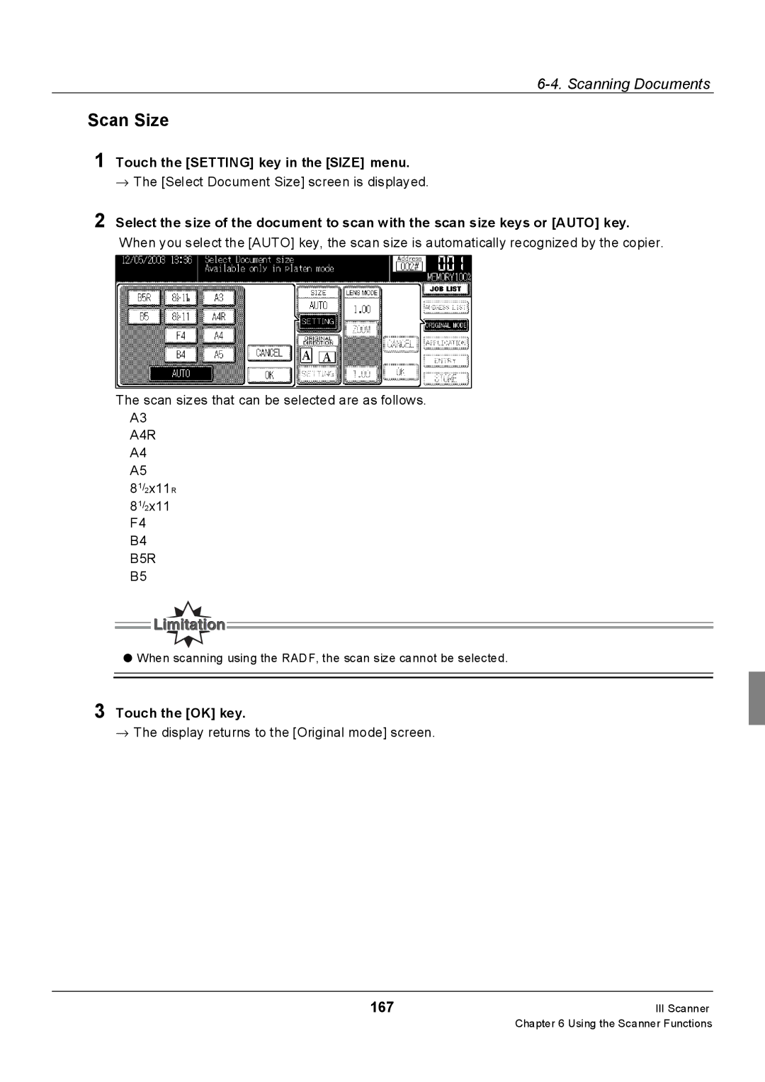 Konica Minolta 7228, Konica 7222, 7235 manual Scan Size, 167, Touch the Setting key in the Size menu 