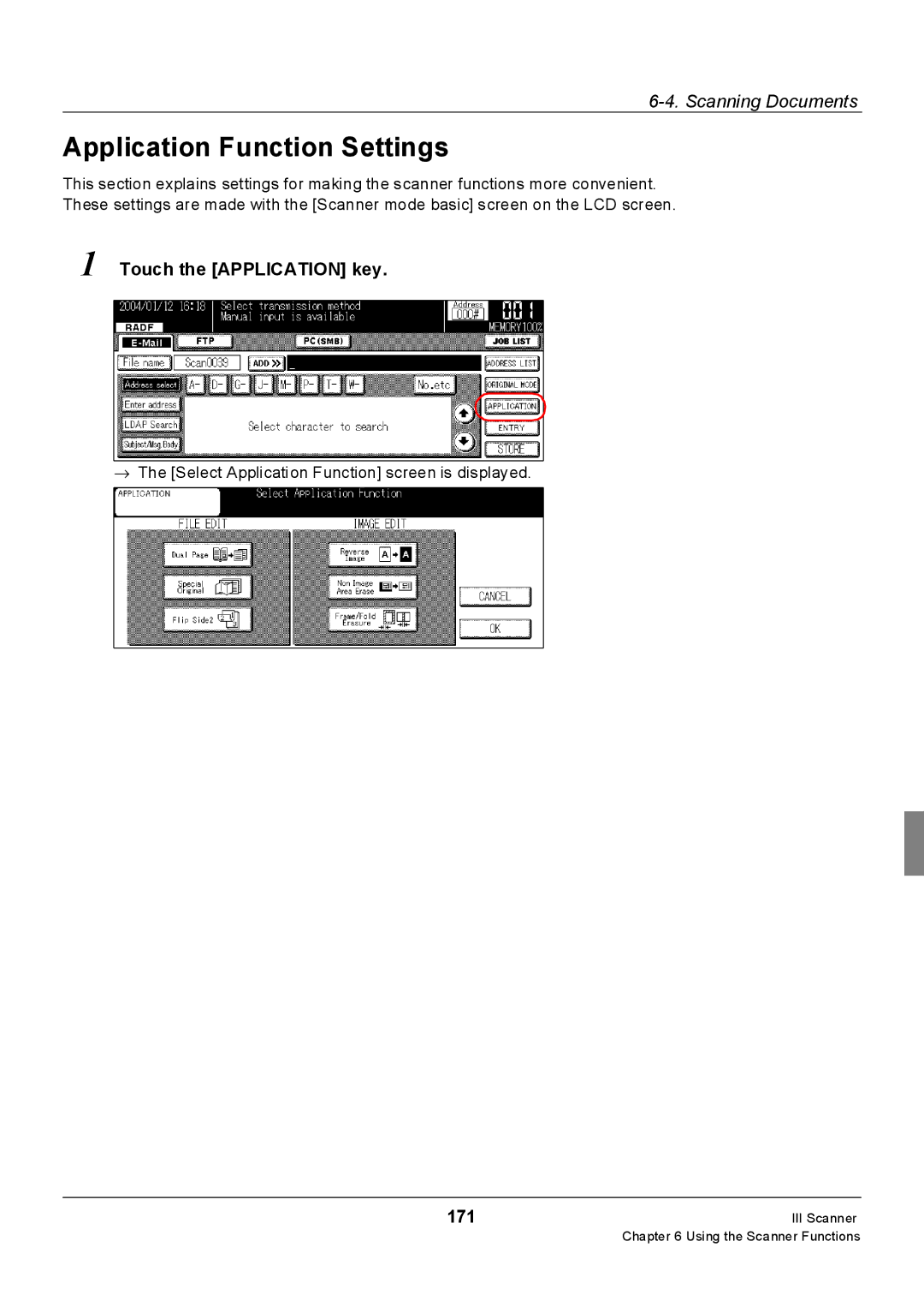 Konica Minolta Konica 7222, 7235, 7228 manual Application Function Settings, Touch the Application key, 171 