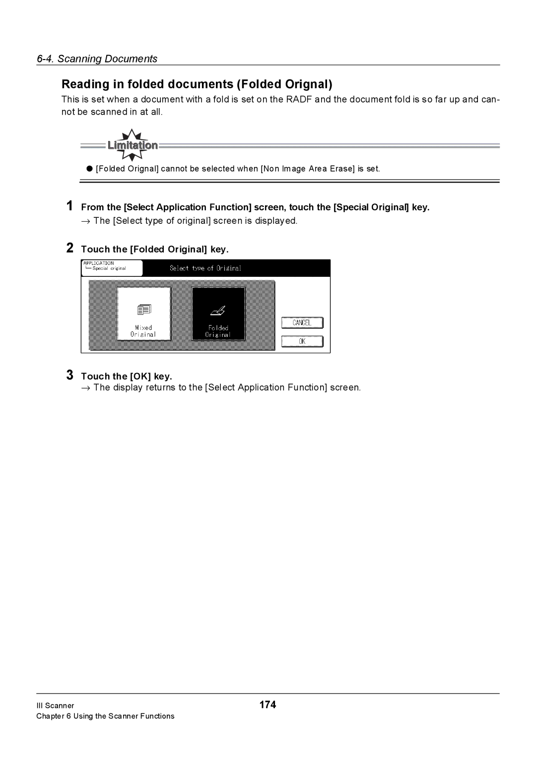 Konica Minolta Konica 7222 Reading in folded documents Folded Orignal, 174, Touch the Folded Original key Touch the OK key 