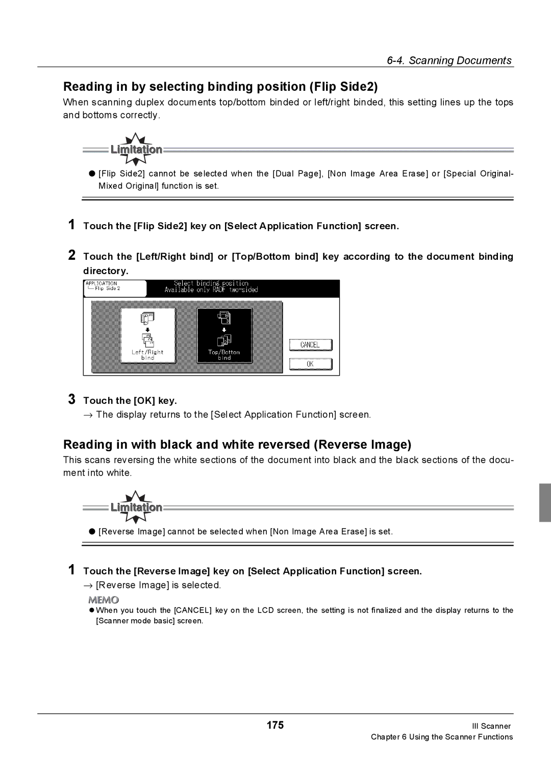 Konica Minolta 7235, Konica 7222 Reading in by selecting binding position Flip Side2, 175, → Reverse Image is selected 