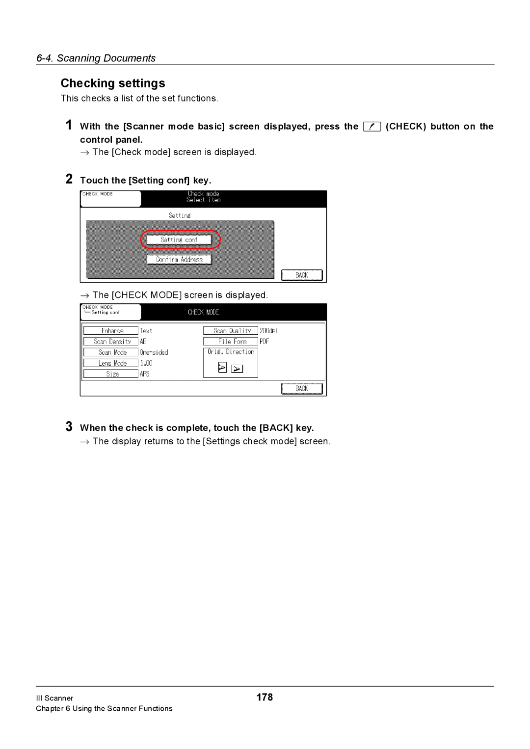 Konica Minolta 7235 Checking settings, 178, Touch the Setting conf key, When the check is complete, touch the Back key 