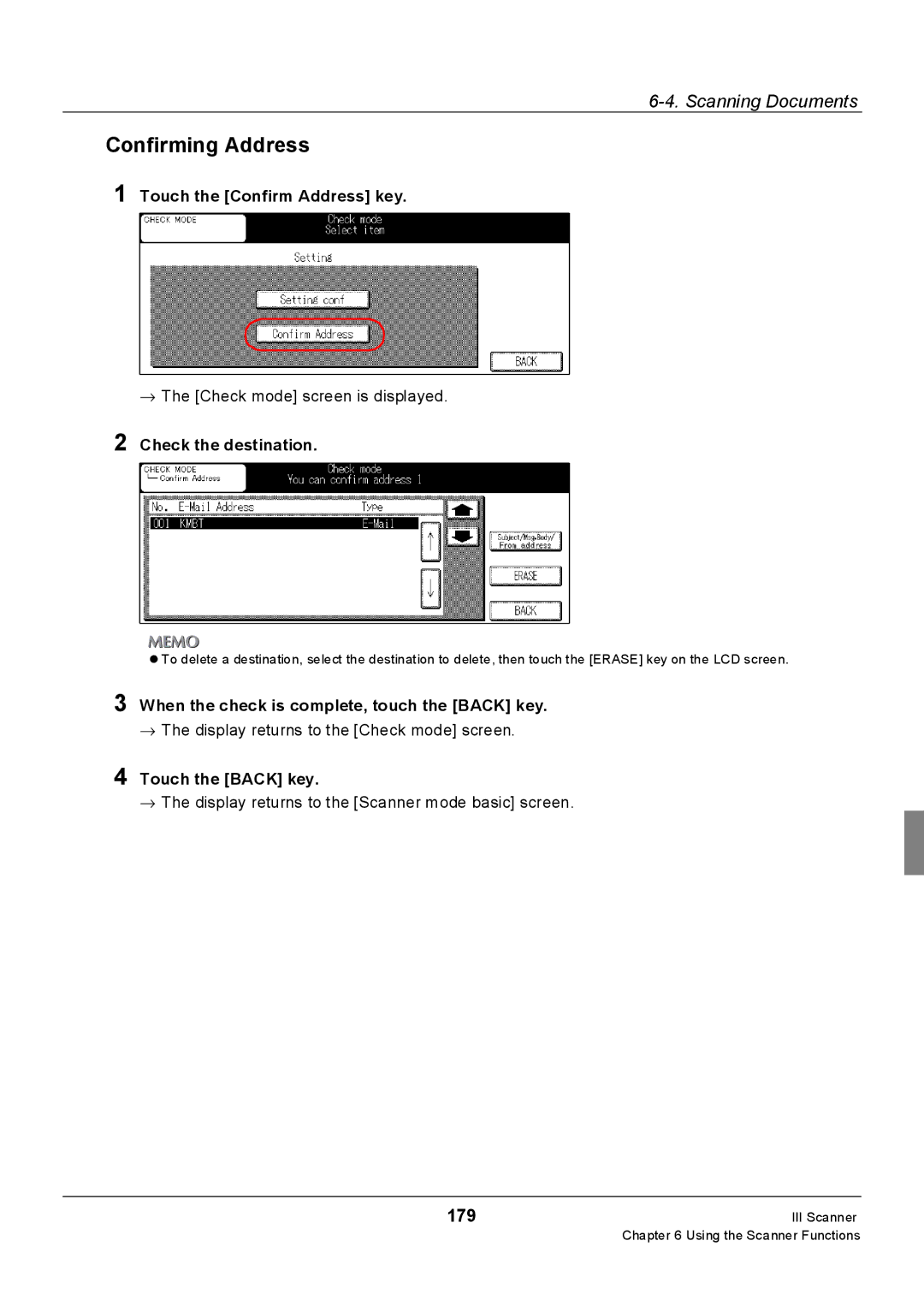 Konica Minolta 7228, Konica 7222, 7235 manual Confirming Address, 179, Touch the Confirm Address key, Check the destination 