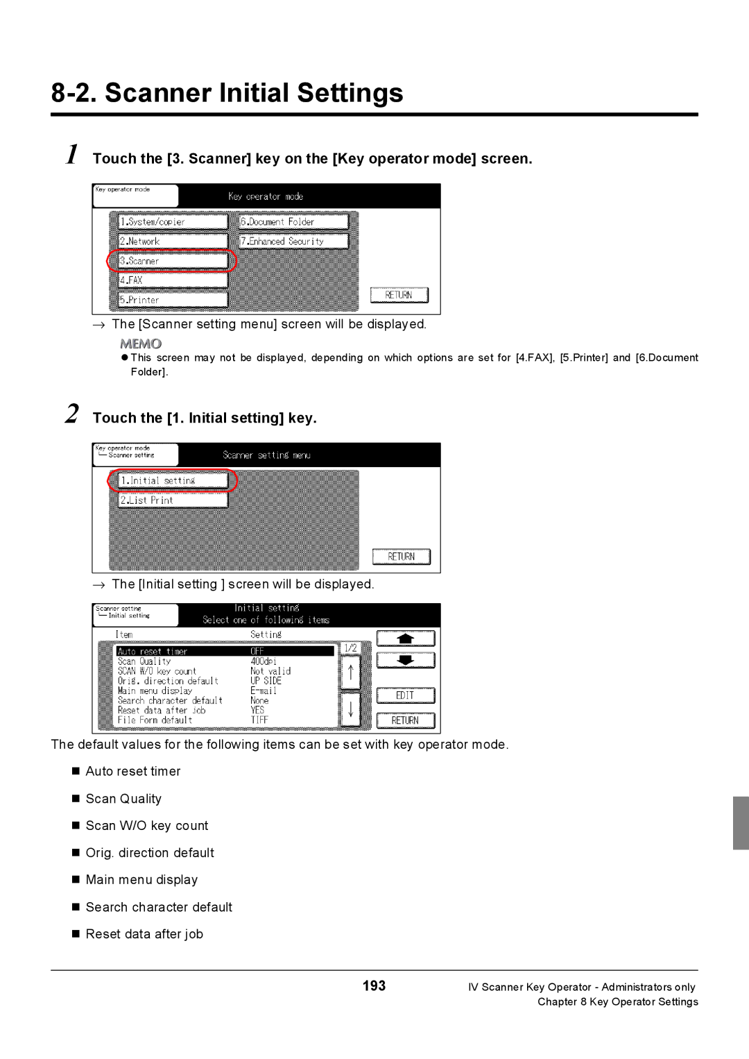 Konica Minolta 7235, Konica 7222, 7228 Scanner Initial Settings, Touch the 3. Scanner key on the Key operator mode screen 