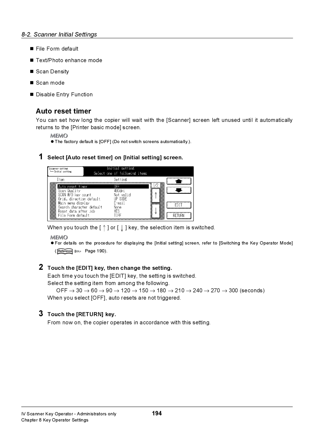 Konica Minolta 7228, Konica 7222, 7235 194, Select Auto reset timer on Initial setting screen, Touch the Return key 