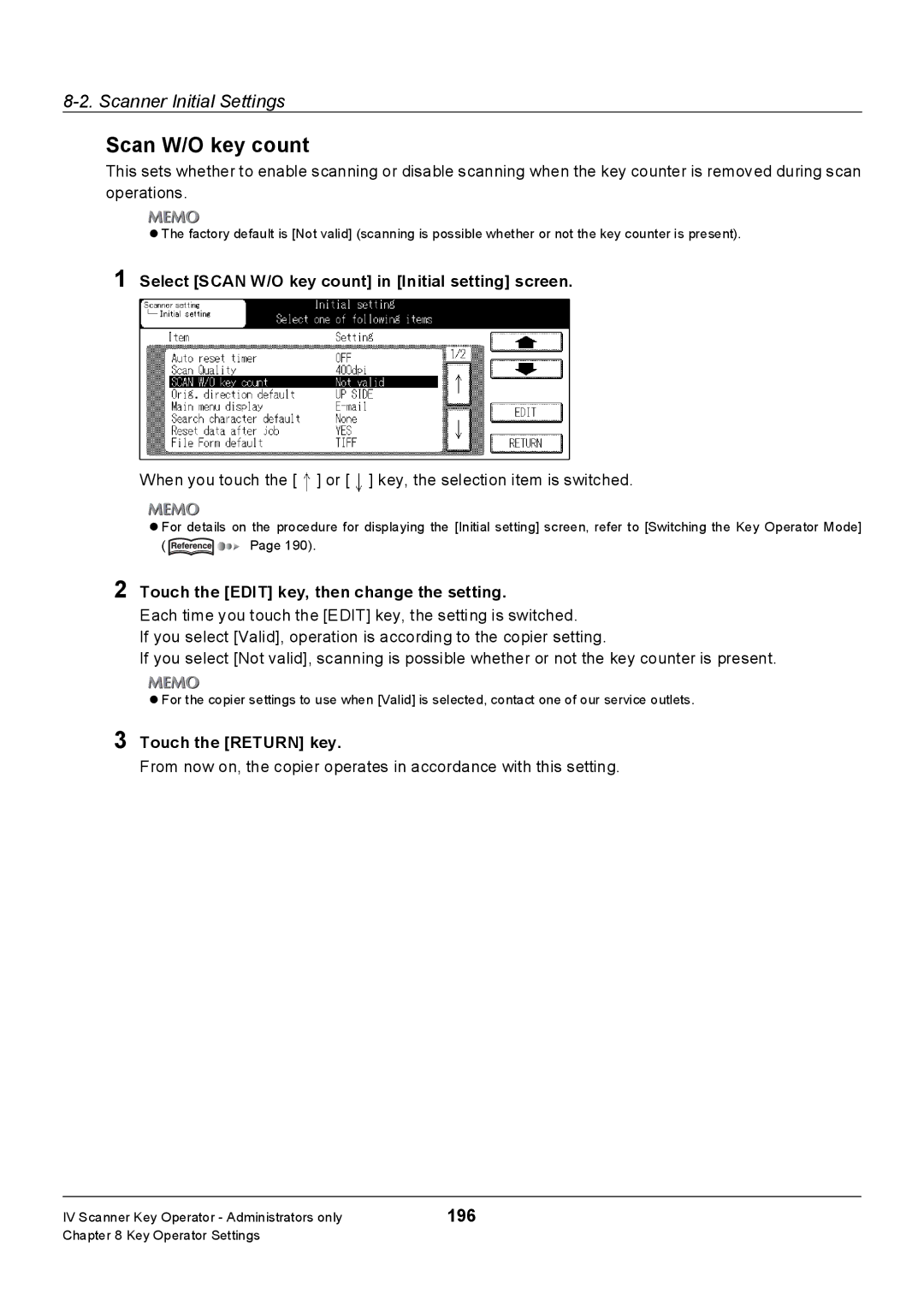 Konica Minolta 7235, Konica 7222, 7228 manual 196, Select Scan W/O key count in Initial setting screen 