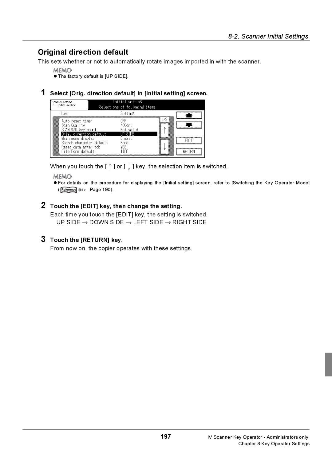 Konica Minolta 7228, Konica 7222, 7235 Original direction default, Select Orig. direction default in Initial setting screen 