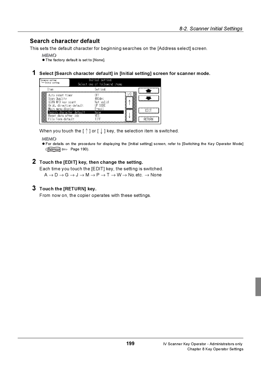 Konica Minolta 7235, Konica 7222, 7228 manual Search character default 