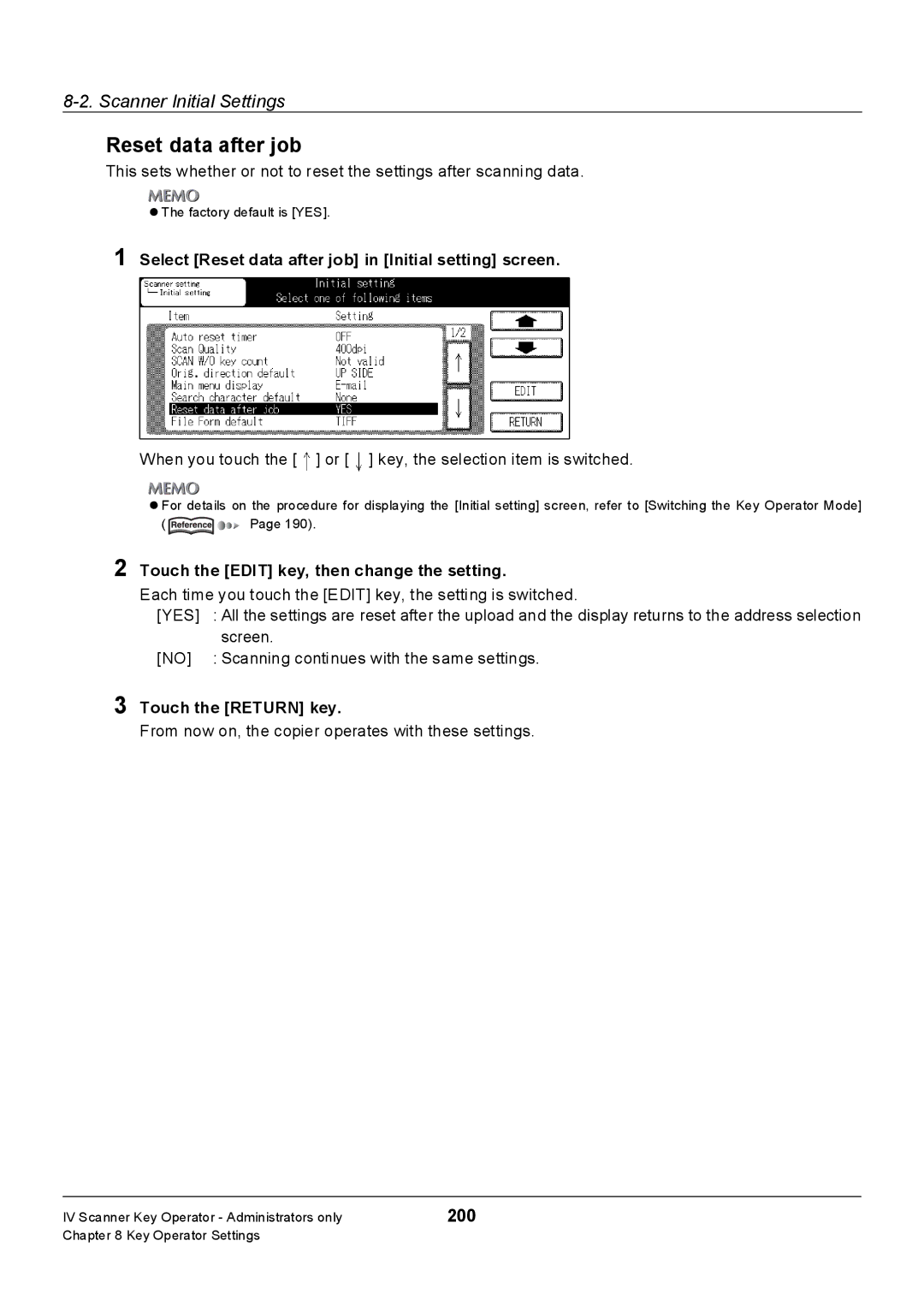 Konica Minolta 7228, Konica 7222, 7235 manual 200, Select Reset data after job in Initial setting screen, Screen 