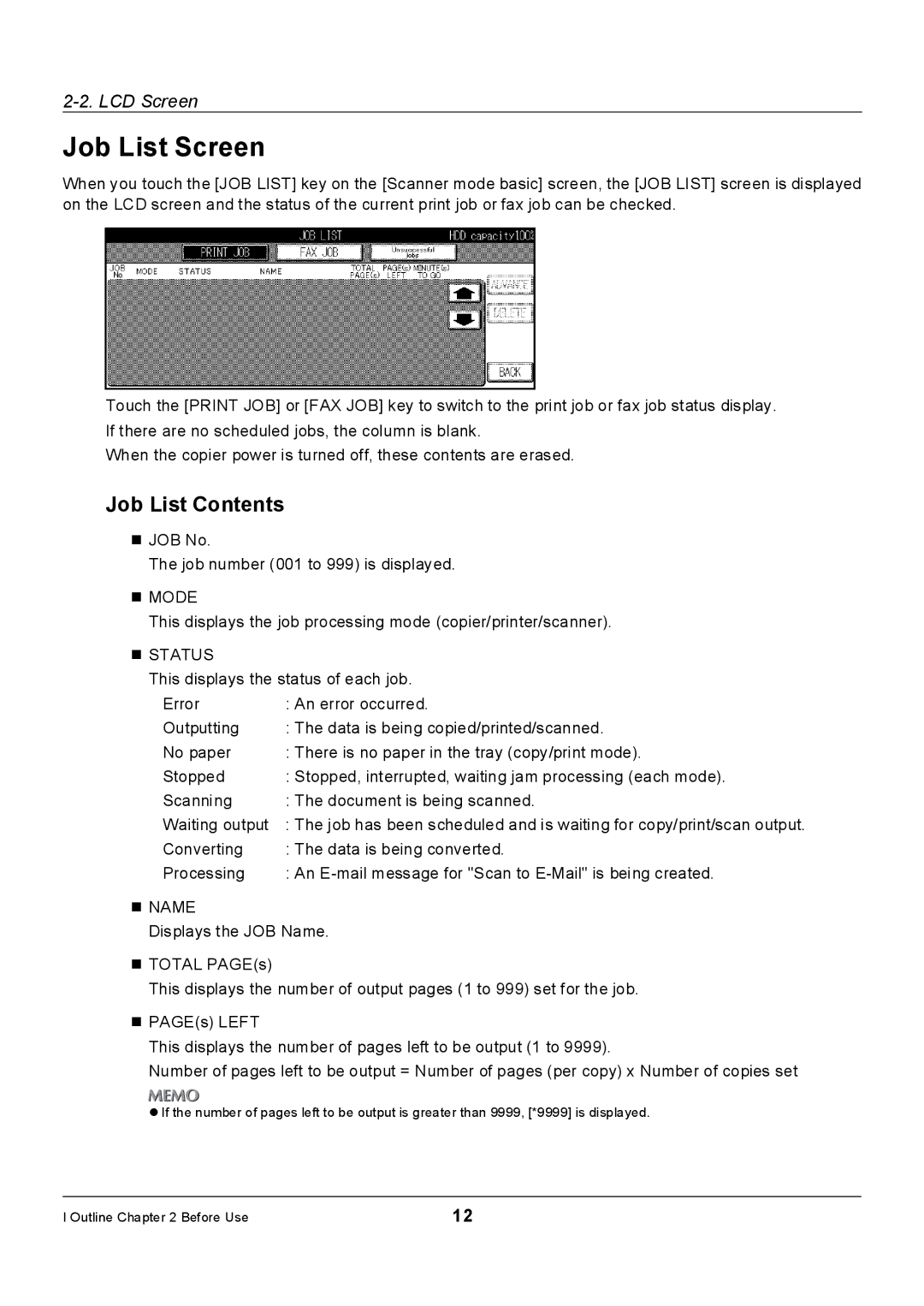 Konica Minolta Konica 7222, 7235, 7228 manual Job List Screen, Job List Contents 