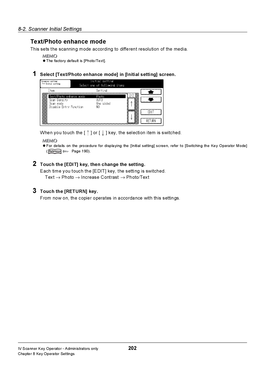 Konica Minolta 7235, Konica 7222, 7228 manual 202, Select Text/Photo enhance mode in Initial setting screen 