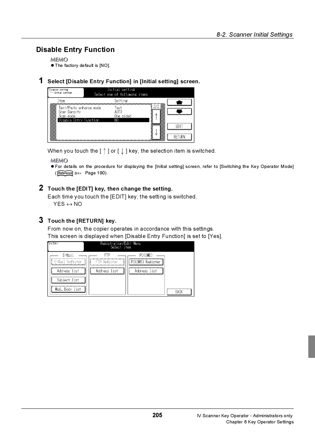 Konica Minolta 7235, Konica 7222, 7228 manual Select Disable Entry Function in Initial setting screen 