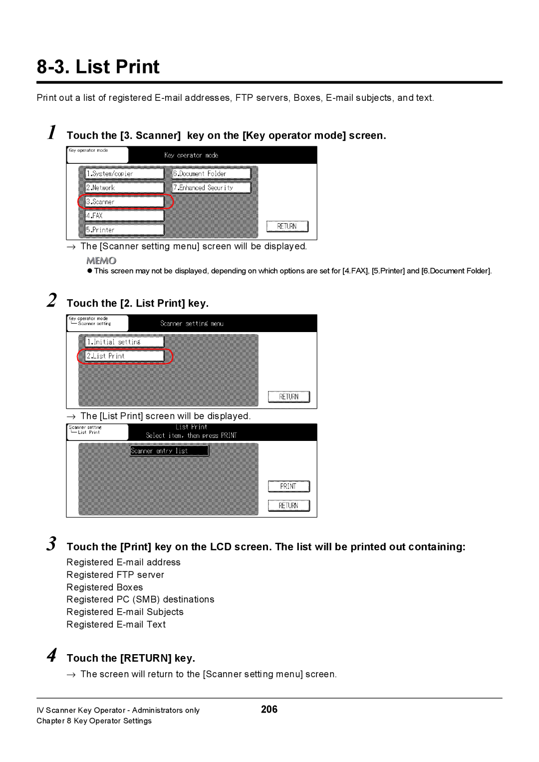 Konica Minolta 7228, Konica 7222, 7235 manual Touch the 2. List Print key, Touch the Return key, 206 