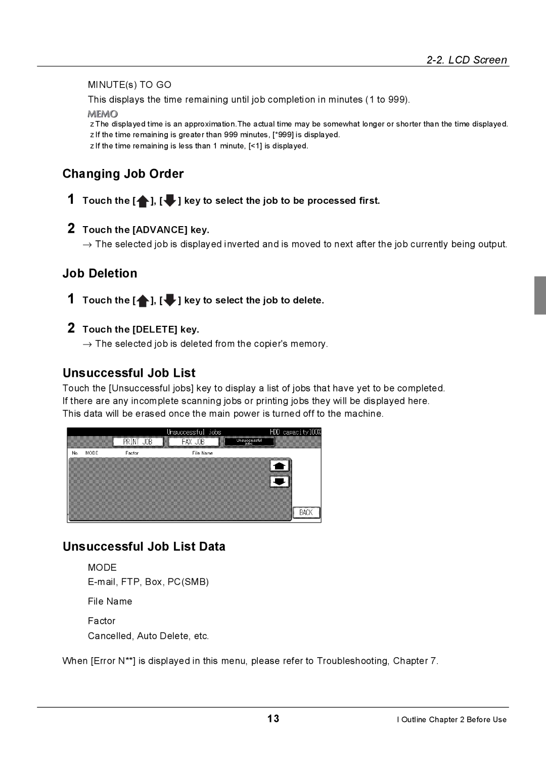 Konica Minolta 7235, Konica 7222, 7228 manual Changing Job Order, Job Deletion, Unsuccessful Job List Data 