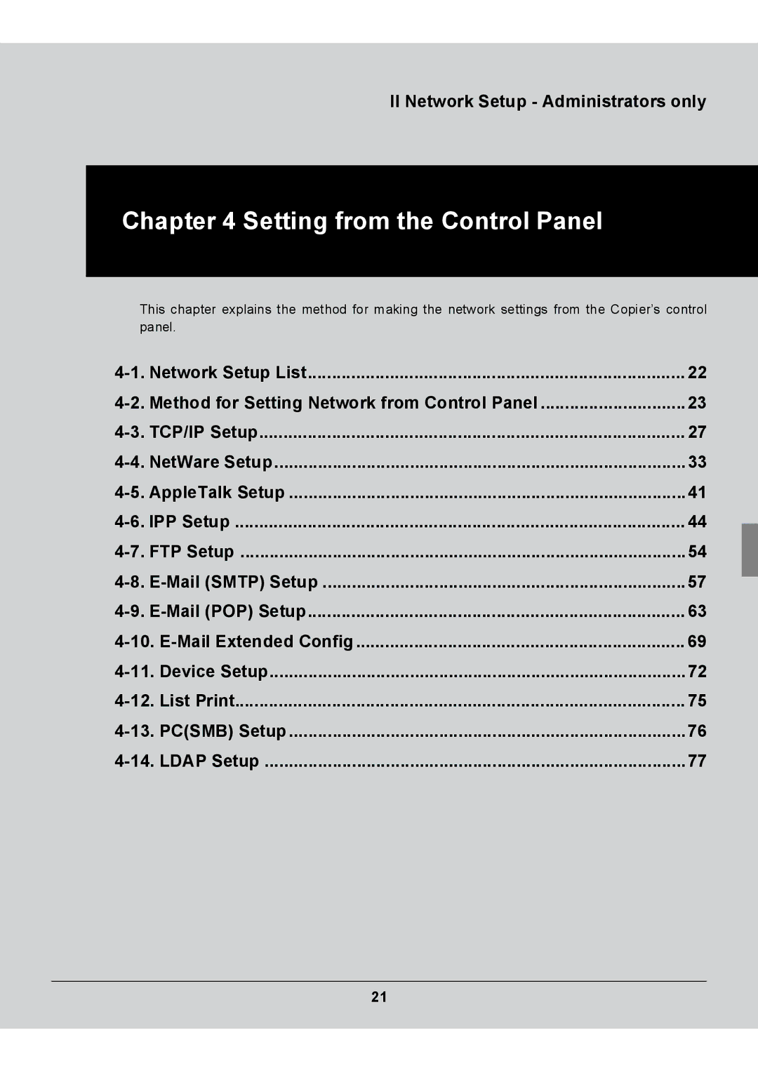 Konica Minolta Konica 7222, 7235, 7228 manual Setting from the Control Panel, II Network Setup Administrators only 