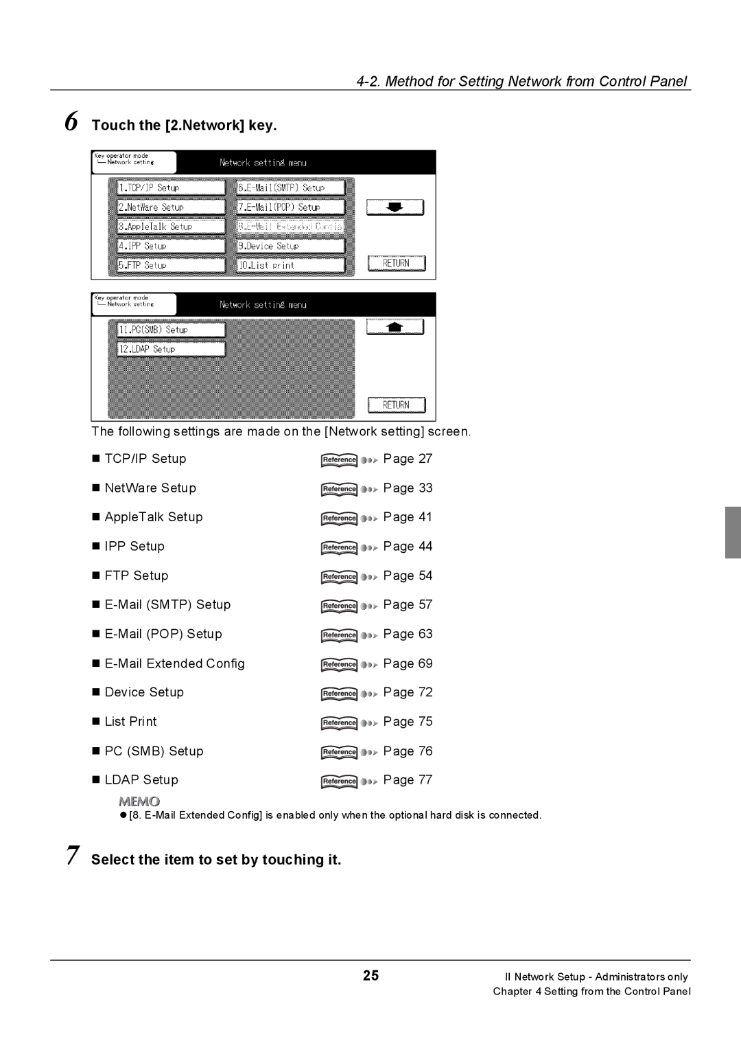 Konica Minolta 7235, Konica 7222, 7228 manual Touch the 2.Network key, Select the item to set by touching it 