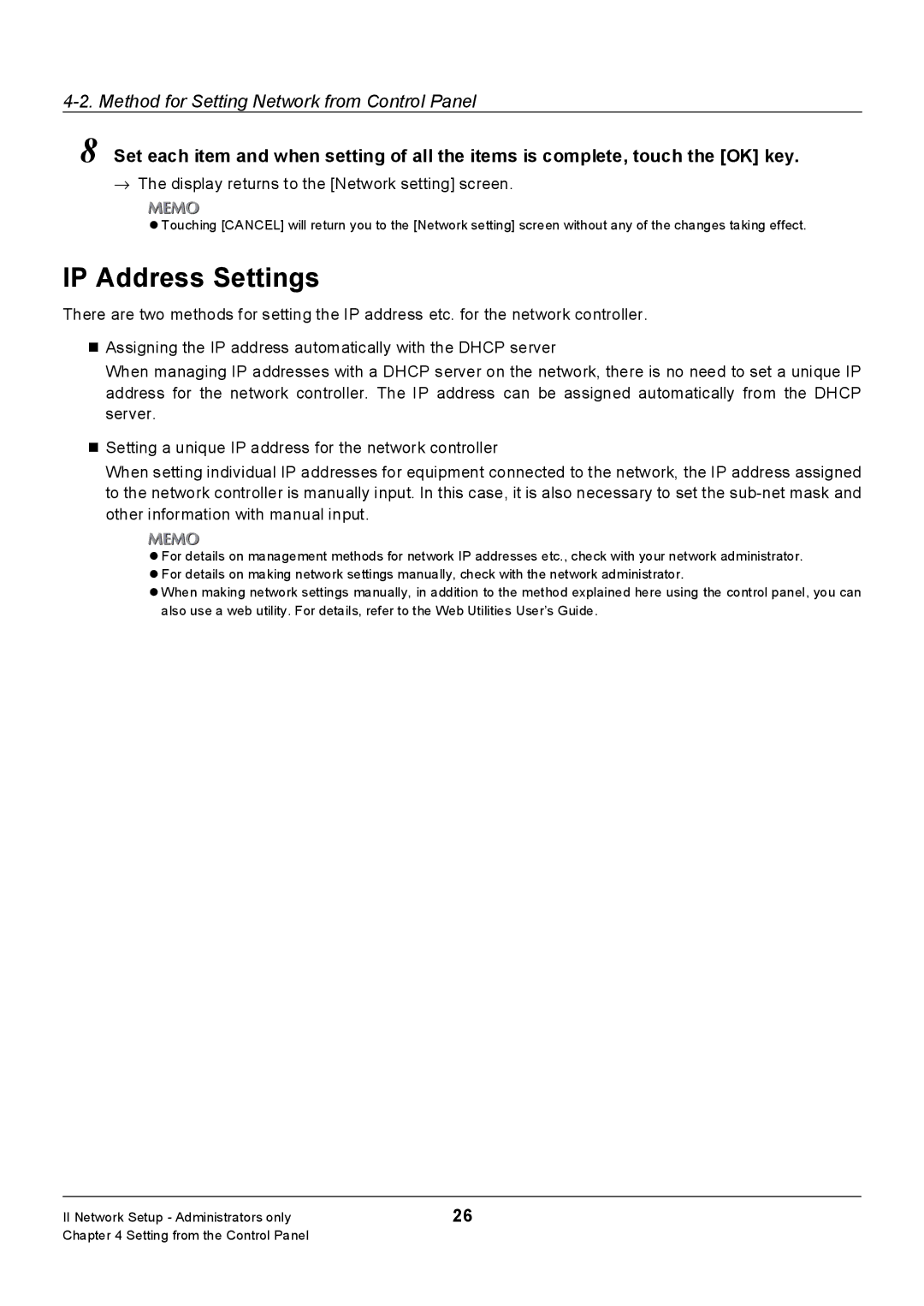 Konica Minolta 7228, Konica 7222, 7235 manual IP Address Settings, → The display returns to the Network setting screen 