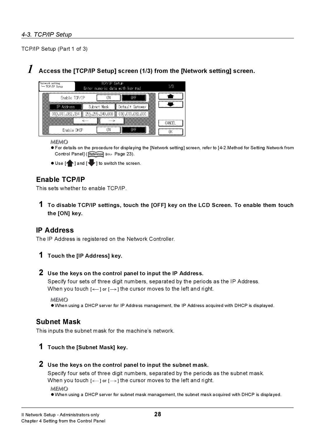 Konica Minolta 7235, Konica 7222, 7228 manual Enable TCP/IP, IP Address, Subnet Mask 