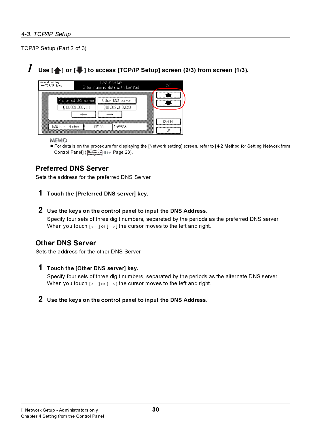 Konica Minolta Konica 7222, 7235, 7228 manual Preferred DNS Server, Other DNS Server, Touch the Other DNS server key 