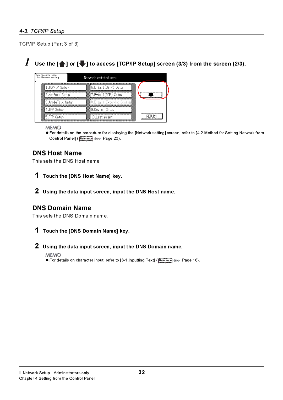 Konica Minolta 7228, Konica 7222, 7235 DNS Host Name, DNS Domain Name, TCP/IP Setup Part 3, This sets the DNS Host name 