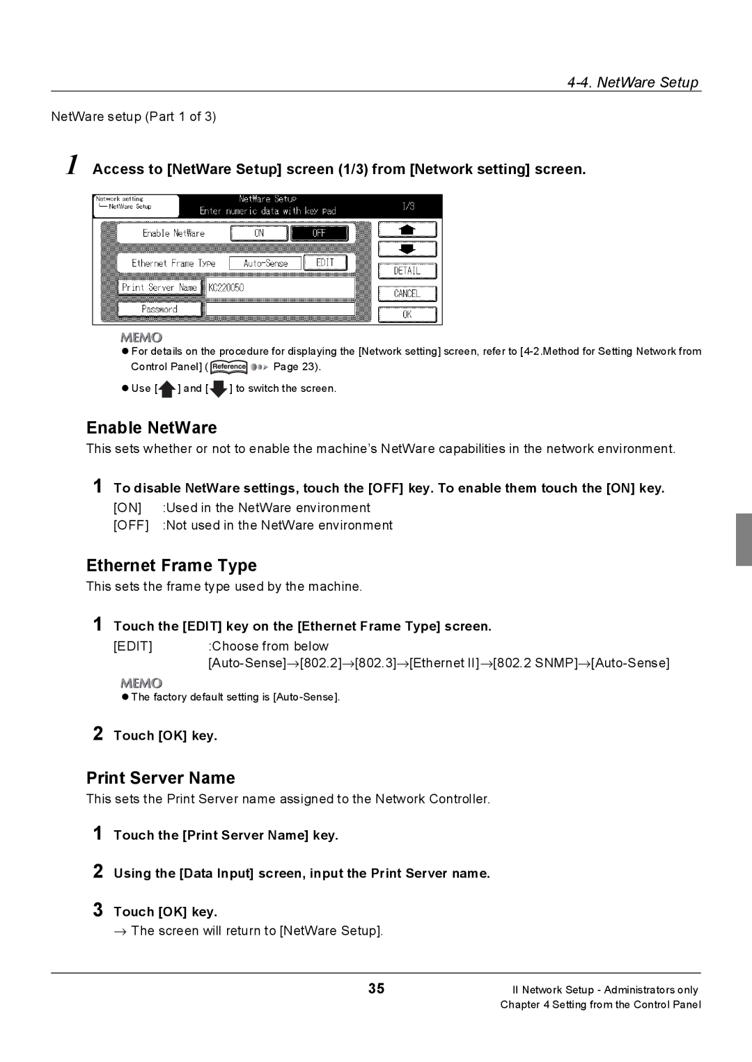 Konica Minolta 7228, Konica 7222, 7235 manual Enable NetWare, Ethernet Frame Type, Print Server Name, Touch OK key 