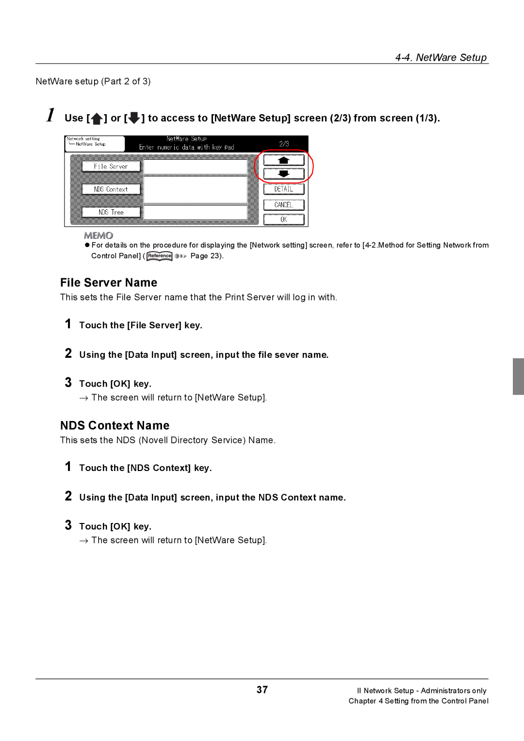 Konica Minolta 7235, Konica 7222, 7228 manual File Server Name, NDS Context Name, NetWare setup Part 2 